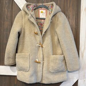 Mini Boden Sherpa Toggle Parka Jacket hooded floral lining warm girls 11/12